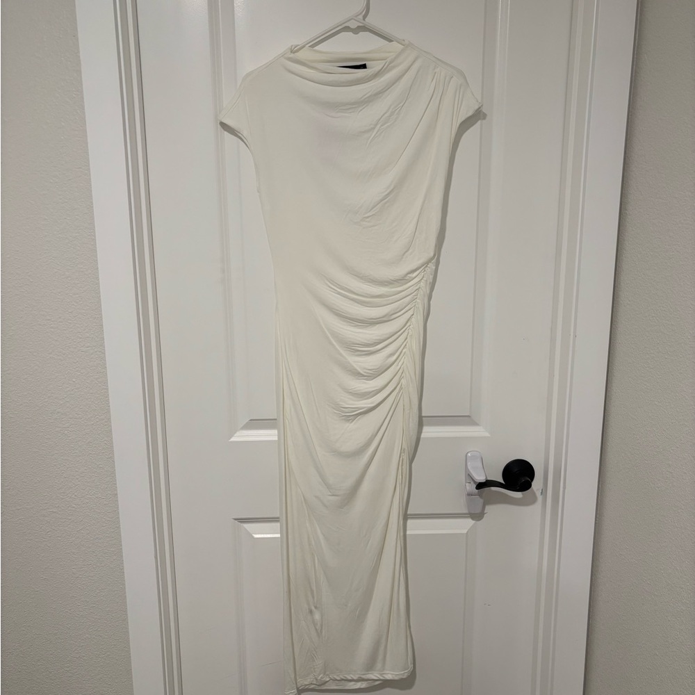 Chic Cream Ruched Bodycon Midi Dress (S)